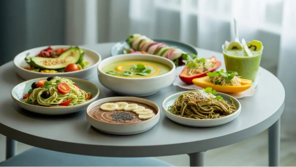 Raw Vegan Recipes – a colorful spread of fresh plant-based dishes including zucchini noodle salad, avocado mango soup, rainbow veggie wraps, chocolate chia pudding, kelp noodle stir-fry, stuffed bell peppers, and a green smoothie bowl, highlighting healthy and easy no-cook meals
