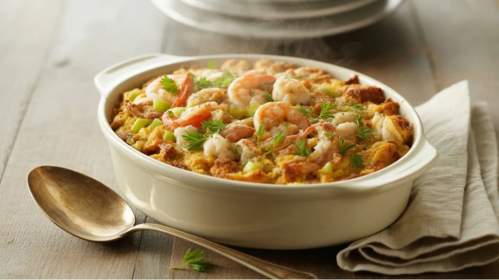 Seafood dressing recipe in a golden-baked casserole dish