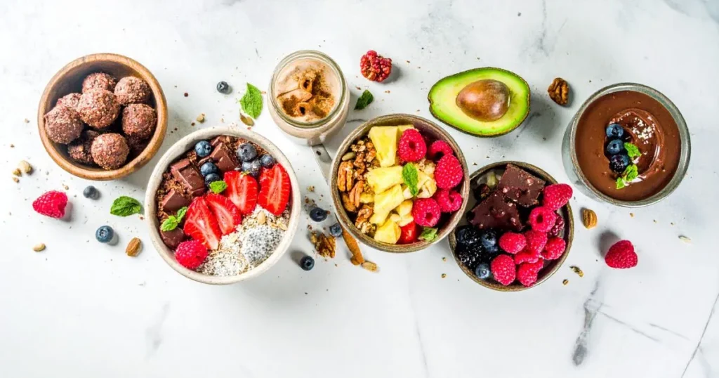 Sweet breakfast ideas featuring five no-bake dishes like parfaits, chia pudding, energy balls, and mousse on a bright table.