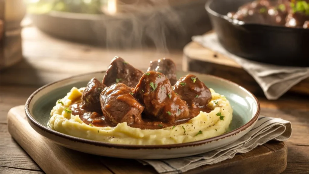 Beef tips recipe in rich brown gravy served over creamy mashed potatoes, garnished with fresh parsley on a rustic plate, with steam rising in a warm, cozy kitchen setting.