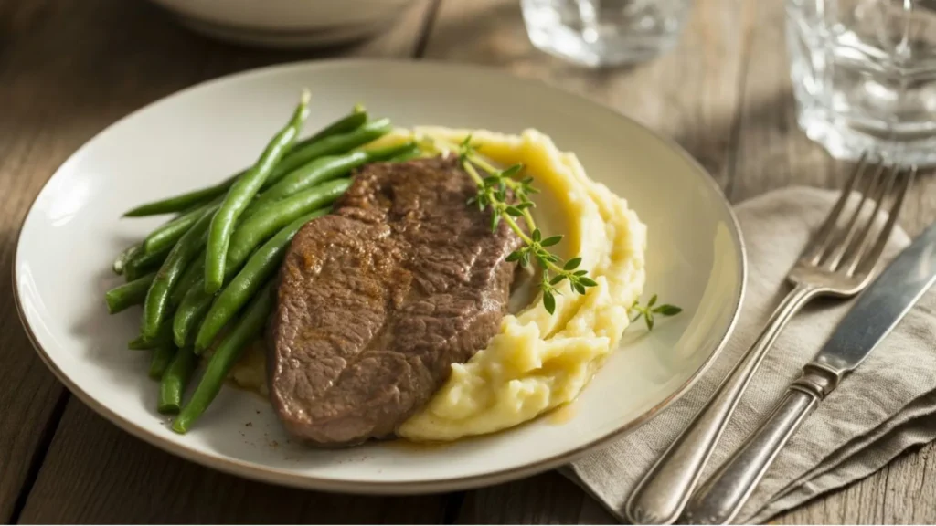Beef Liver Recipes: Plated beef liver with caramelized onions, mashed potatoes, and sautéed green beans on a white ceramic plate