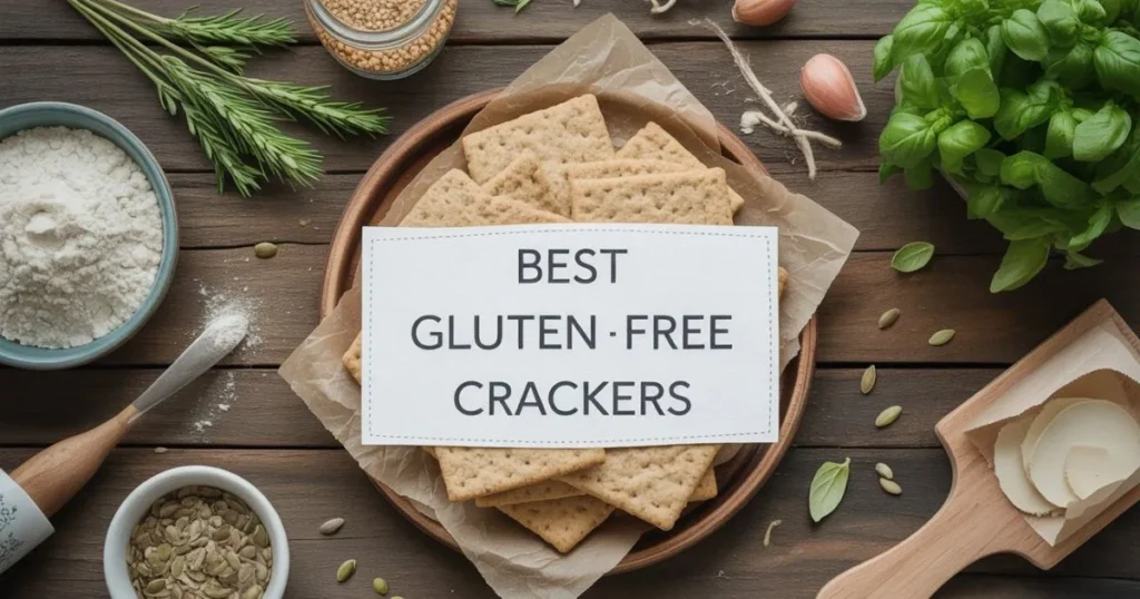 Best Gluten Free Crackers arranged on a rustic wooden board with seeds and herbs