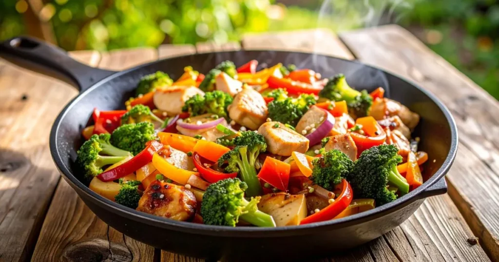 Blackstone stir fry cooking on a griddle with chicken and vegetables
