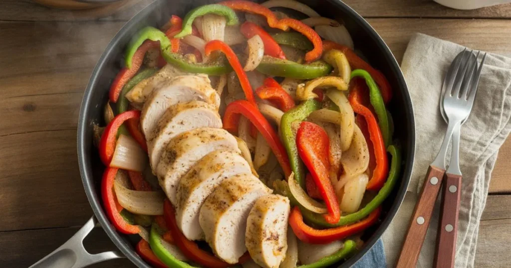 Chicken Peppers Onions skillet meal with colorful bell peppers and sautéed onions, served hot in a rustic pan.