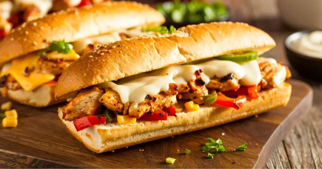 Close-up of chicken steak and cheese hoagie on a rustic table