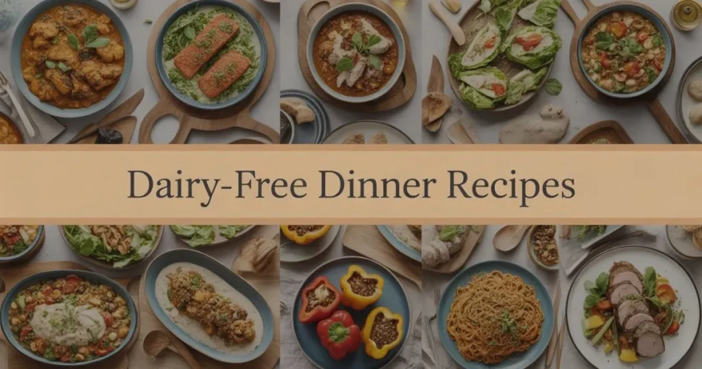 Dairy Free Dinner Recipes featuring a colorful spread of 9 delicious meals including creamy coconut curry chicken, herb-crusted salmon, dairy-free beef stroganoff, lettuce wraps, vegetable stew, chicken Alfredo, stuffed peppers, peanut noodles, and roasted meat tenderloin with vegetables.