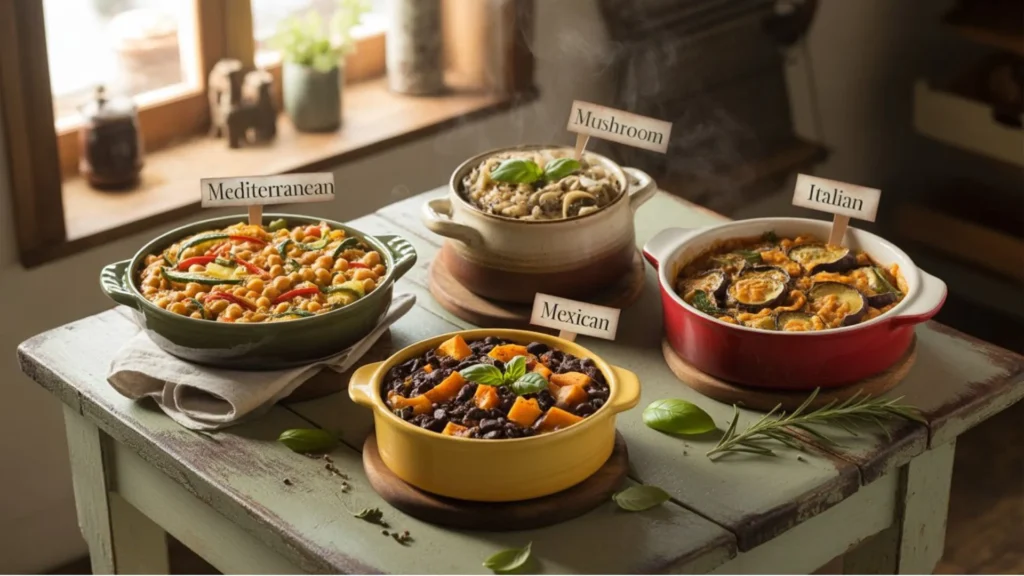 Delicious vegan casserole recipes featuring colorful plant‑based ingredients in rustic dishes