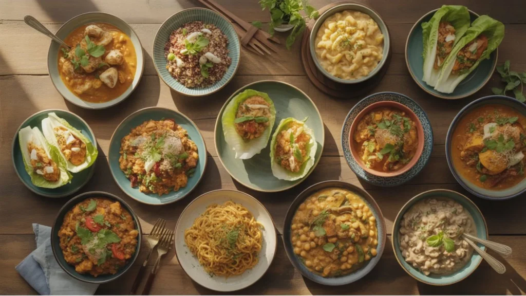 Easy Dairy Free Meals beautifully plated – creamy coconut curry chicken, Mediterranean quinoa bowl, dairy free mac and cheese, lettuce wraps, lentil bolognese, coconut lime fish tacos, stuffed bell peppers, Thai peanut noodles, chickpea stew, and creamy mushroom risotto on a rustic wooden table.