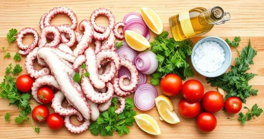 Flat lay of fresh octopus salad ingredients arranged neatly on a wooden kitchen counter. Include raw octopus, cherry tomatoes, red onions, fresh parsley, garlic cloves, lemon wedges, olive oil in a glass bottle, and sea salt in a small bowl. Bright natural lighting with a clean, rustic Mediterranean vibe. No text overlay.