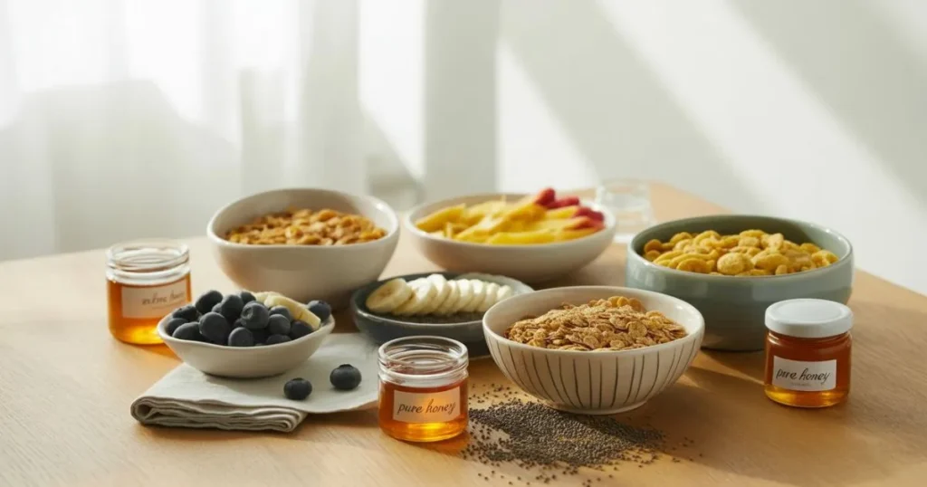Gluten Free Cereals served with almond milk, fresh fruits, and honey on a rustic breakfast table