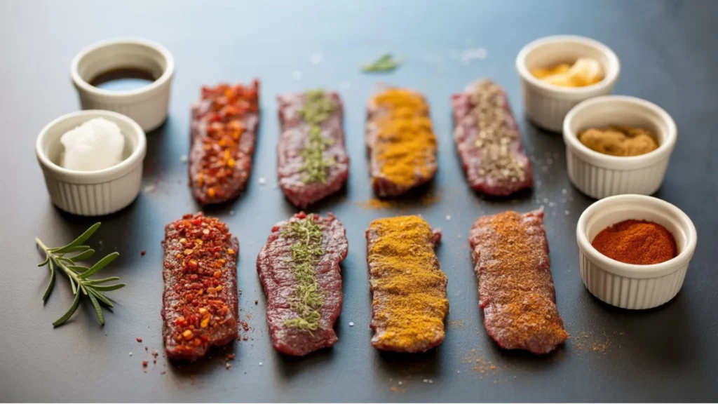 Ground Beef Jerky Recipe featuring 8 flavorful homemade variations, with seasoned jerky strips displayed on a rustic surface alongside spice bowls and ingredients.
