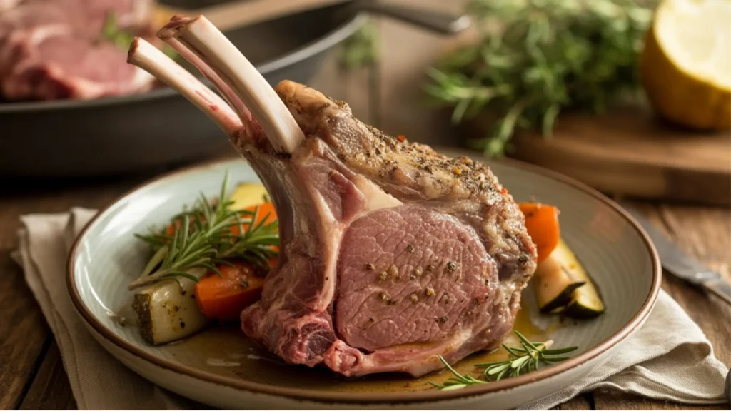Lamb shoulder chop recipe served with mashed potatoes and roasted vegetables