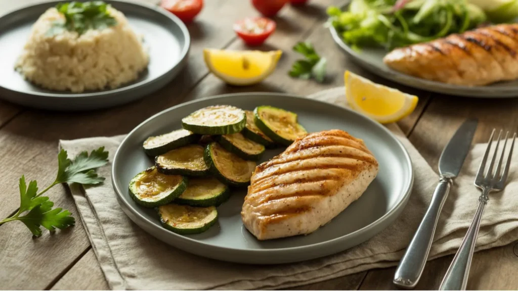 Low Fodmap Dinner with grilled chicken, steamed rice, and sautéed zucchini