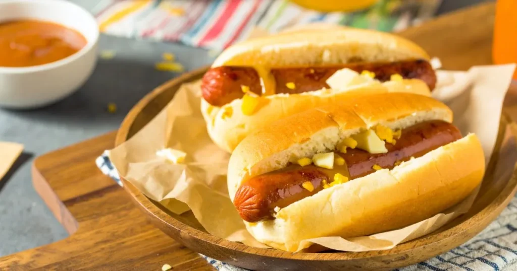 Pancake Sausage on a Stick golden, fluffy pancakes wrapped around juicy sausages on wooden sticks, served on a rustic plate with syrup and butter.