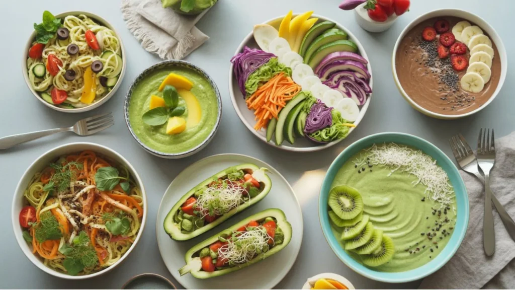 Raw Vegan Recipes – a colorful spread of fresh plant-based dishes including zucchini noodle salad, avocado mango soup, rainbow veggie wraps, chocolate chia pudding, kelp noodle stir-fry, stuffed bell peppers, and a green smoothie bowl, highlighting healthy and easy no-cook meals.