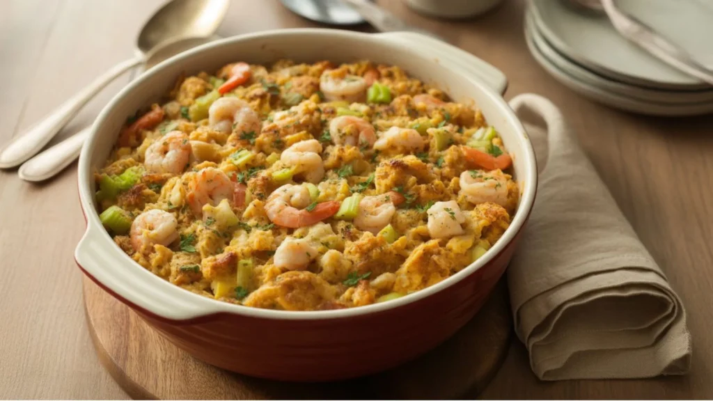 Seafood dressing recipe in a golden-baked casserole dish