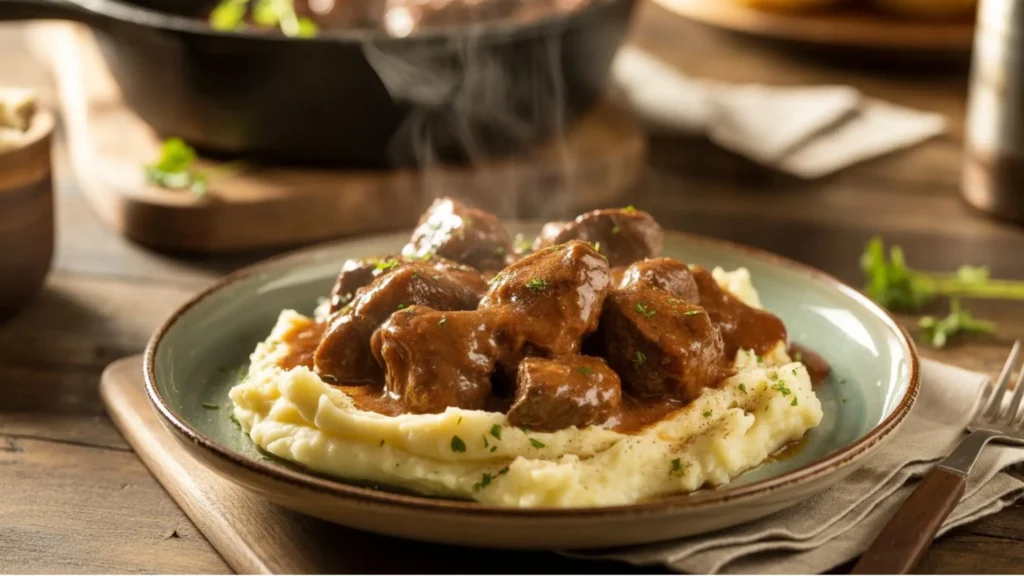 Beef tips recipe in rich brown gravy served over creamy mashed potatoes, garnished with fresh parsley on a rustic plate, with steam rising in a warm, cozy kitchen setting.
