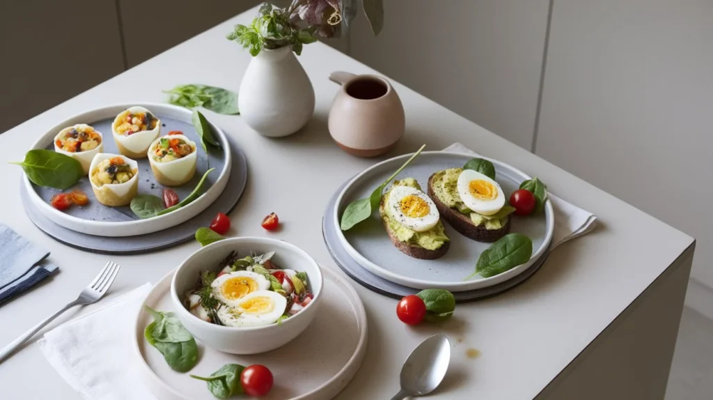 3 Eggs Calories — a clean, well-lit breakfast table showcasing three healthy, low-calorie egg-based dishes: veggie egg muffins, egg white avocado toast, and a boiled egg salad bowl. Each dish is plated on modern ceramic dishes, surrounded by fresh ingredients like spinach, avocado, and cherry tomatoes. Natural morning light, overhead view, minimalist kitchen background, high-resolution food photography, perfect for a health-focused cookbook or social media post.