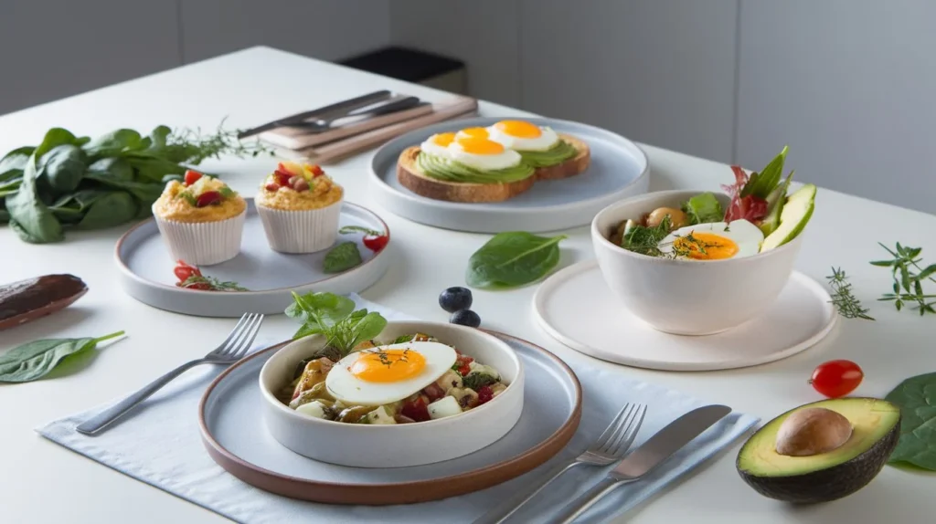 3 Eggs Calories — a clean, well-lit breakfast table showcasing three healthy, low-calorie egg-based dishes: veggie egg muffins, egg white avocado toast, and a boiled egg salad bowl. Each dish is plated on modern ceramic dishes, surrounded by fresh ingredients like spinach, avocado, and cherry tomatoes. Natural morning light, overhead view, minimalist kitchen background, high-resolution food photography, perfect for a health-focused cookbook or social media post.