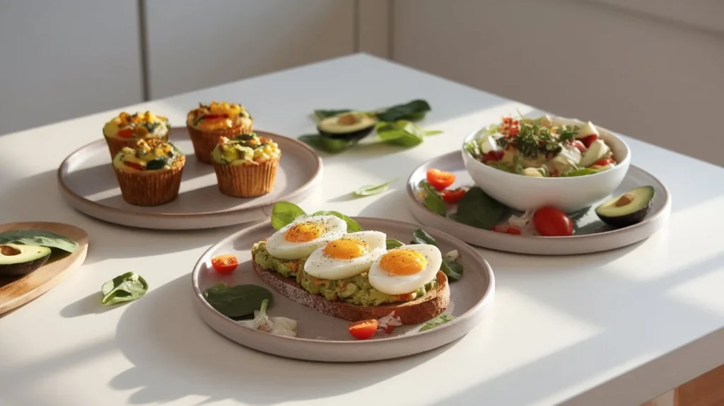 3 Eggs Calories — a clean, well-lit breakfast table showcasing three healthy, low-calorie egg-based dishes: veggie egg muffins, egg white avocado toast, and a boiled egg salad bowl. Each dish is plated on modern ceramic dishes, surrounded by fresh ingredients like spinach, avocado, and cherry tomatoes. Natural morning light, overhead view, minimalist kitchen background, high-resolution food photography, perfect for a health-focused cookbook or social media post.