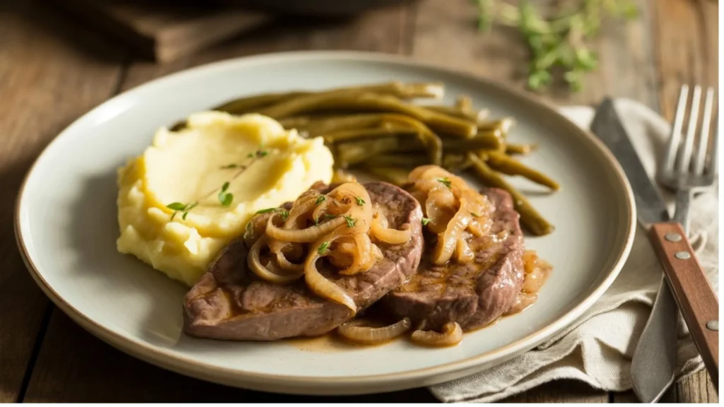 Beef Liver Recipes: Plated beef liver with caramelized onions, mashed potatoes, and sautéed green beans on a white ceramic plate