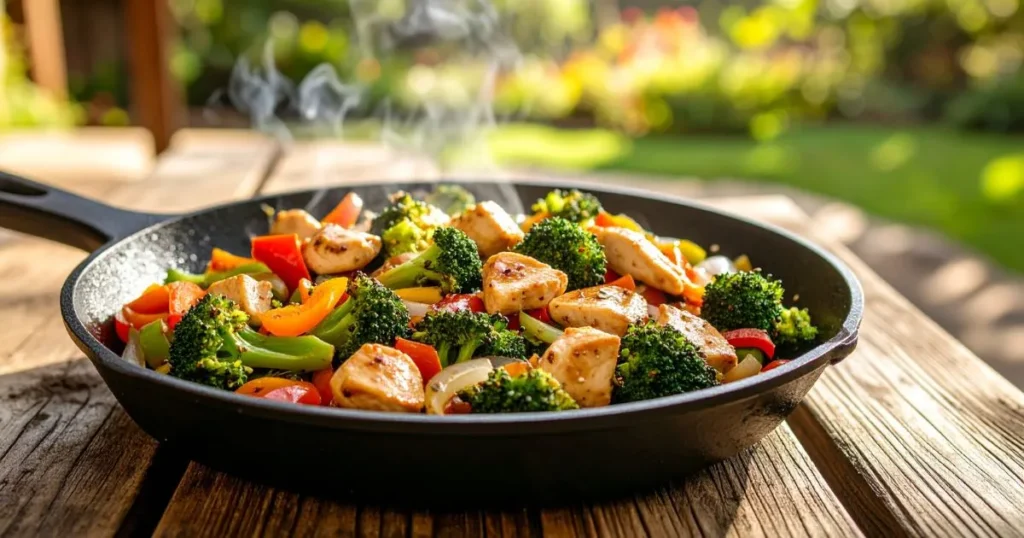 Blackstone stir fry cooking on a griddle with chicken and vegetables