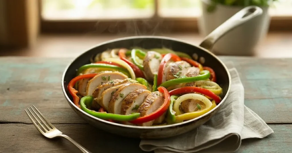 Chicken Peppers Onions skillet meal with colorful bell peppers and sautéed onions, served hot in a rustic pan.