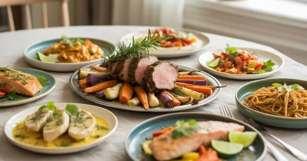 Dairy Free Dinner Recipes featuring a colorful spread of 9 delicious meals including creamy coconut curry chicken, herb-crusted salmon, dairy-free beef stroganoff, lettuce wraps, vegetable stew, chicken Alfredo, stuffed peppers, peanut noodles, and roasted meat tenderloin with vegetables.