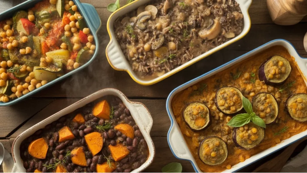 Delicious vegan casserole recipes featuring colorful plant‑based ingredients in rustic dishes