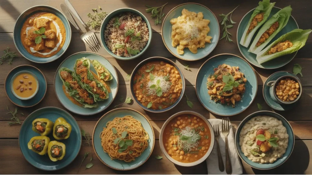 Easy Dairy Free Meals beautifully plated – creamy coconut curry chicken, Mediterranean quinoa bowl, dairy free mac and cheese, lettuce wraps, lentil bolognese, coconut lime fish tacos, stuffed bell peppers, Thai peanut noodles, chickpea stew, and creamy mushroom risotto on a rustic wooden table.