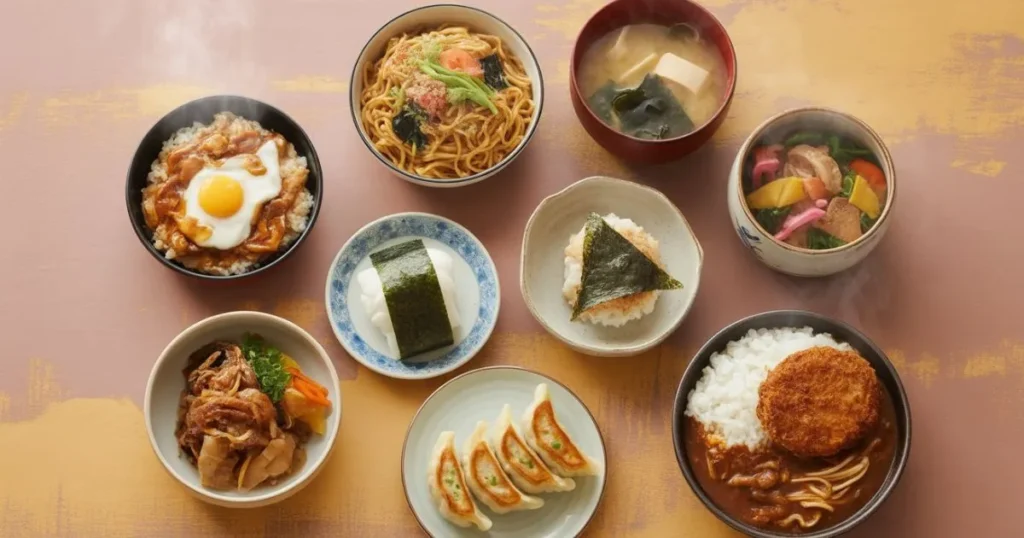 Easy Japanese meals including Oyakodon, Yakisoba, and Miso Soup