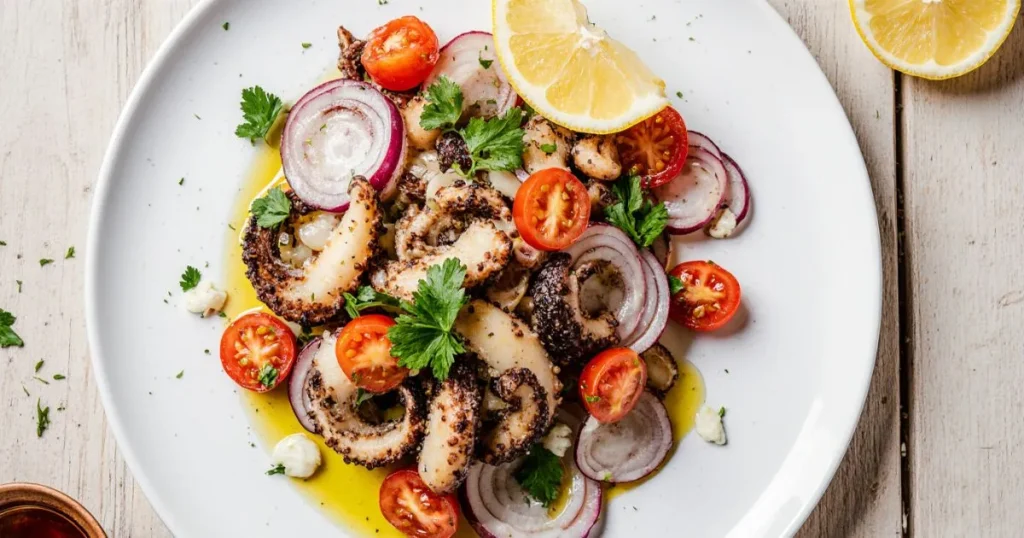 Flat lay of fresh octopus salad ingredients arranged neatly on a wooden kitchen counter. Include raw octopus, cherry tomatoes, red onions, fresh parsley, garlic cloves, lemon wedges, olive oil in a glass bottle, and sea salt in a small bowl. Bright natural lighting with a clean, rustic Mediterranean vibe. No text overlay.