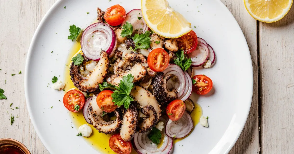 Flat lay of fresh octopus salad ingredients arranged neatly on a wooden kitchen counter. Include raw octopus, cherry tomatoes, red onions, fresh parsley, garlic cloves, lemon wedges, olive oil in a glass bottle, and sea salt in a small bowl. Bright natural lighting with a clean, rustic Mediterranean vibe. No text overlay.