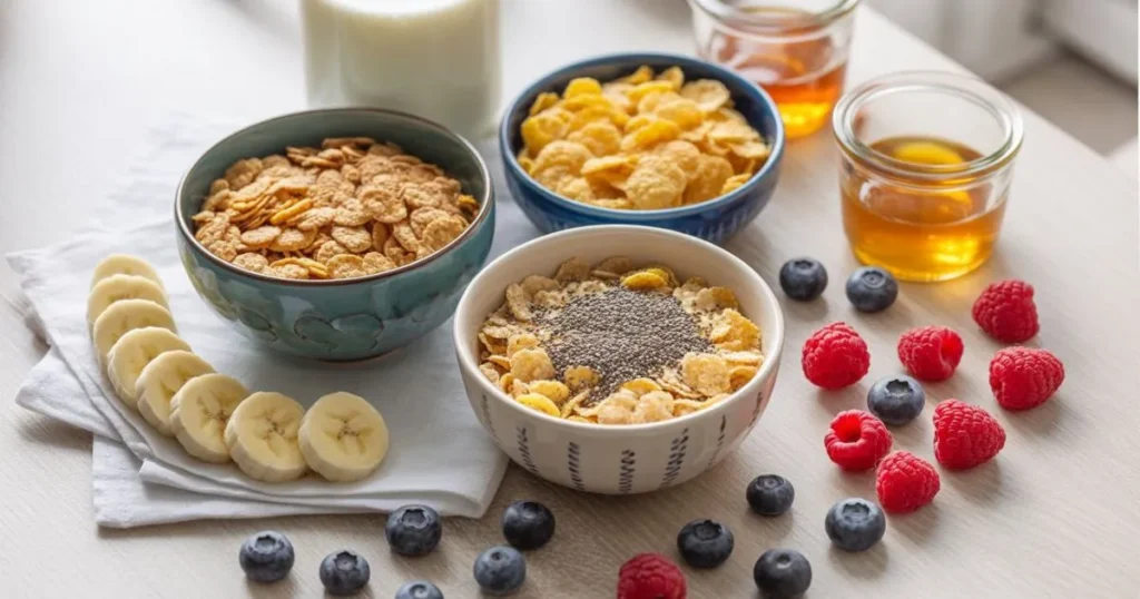 Gluten Free Cereals served with almond milk, fresh fruits, and honey on a rustic breakfast table