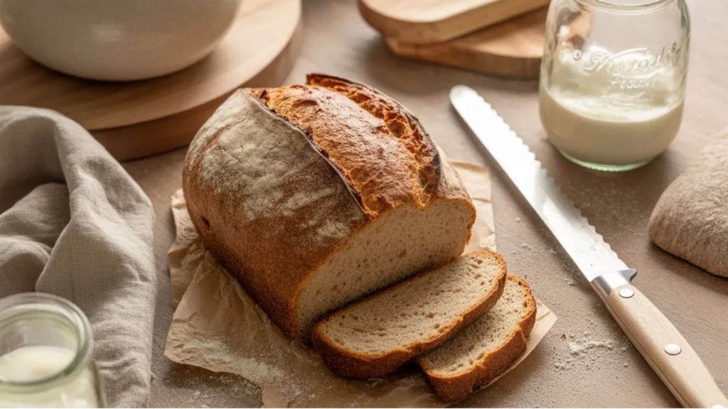 Gluten free sourdough bread with a golden crust and airy crumb, freshly sliced on a rustic wooden board with natural light and cozy kitchen elements.