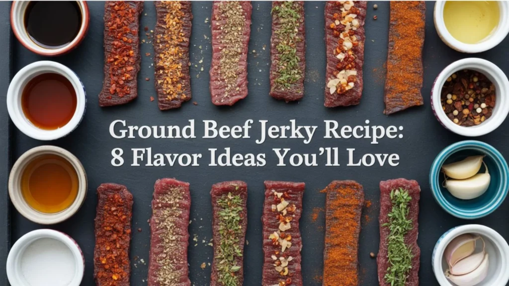 Ground Beef Jerky Recipe featuring 8 flavorful homemade variations, with seasoned jerky strips displayed on a rustic surface alongside spice bowls and ingredients.