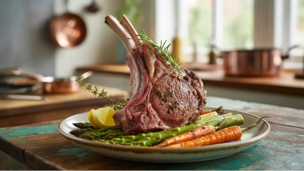 Lamb shoulder chop recipe served with mashed potatoes and roasted vegetables