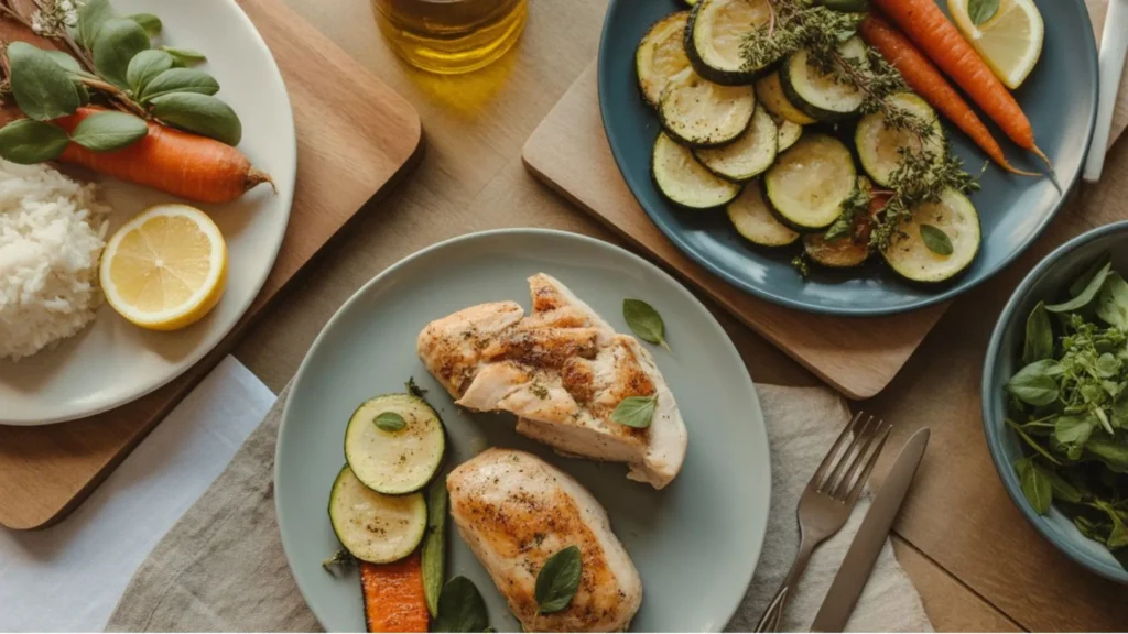 Low Fodmap Dinner with grilled chicken, steamed rice, and sautéed zucchini