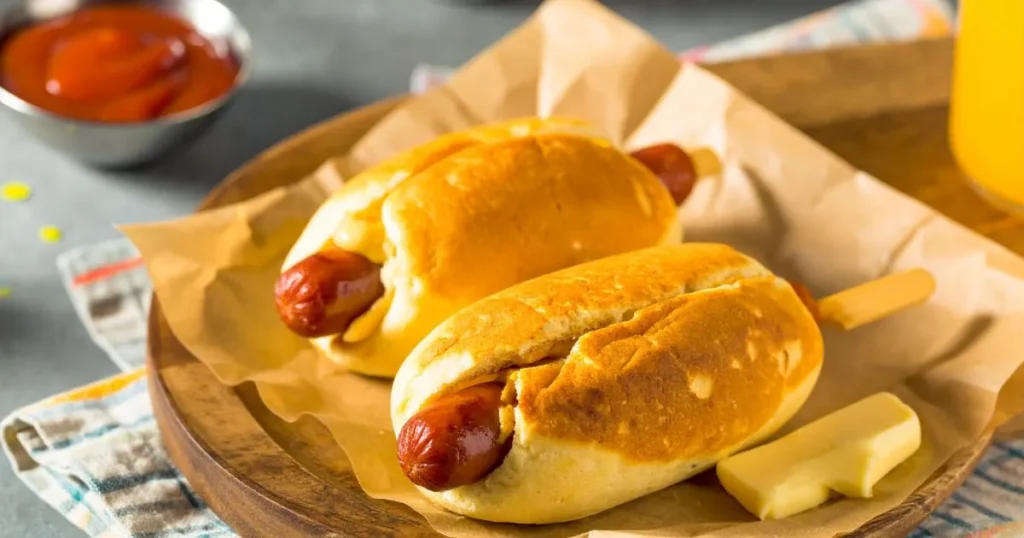 Pancake Sausage on a Stick golden, fluffy pancakes wrapped around juicy sausages on wooden sticks, served on a rustic plate with syrup and butter.