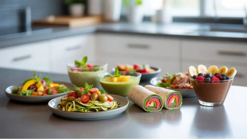 Raw Vegan Recipes – a colorful spread of fresh plant-based dishes including zucchini noodle salad, avocado mango soup, rainbow veggie wraps, chocolate chia pudding, kelp noodle stir-fry, stuffed bell peppers, and a green smoothie bowl, highlighting healthy and easy no-cook meals