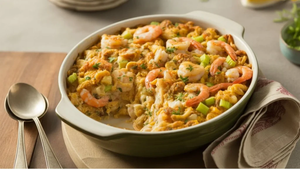 Seafood dressing recipe in a golden-baked casserole dish