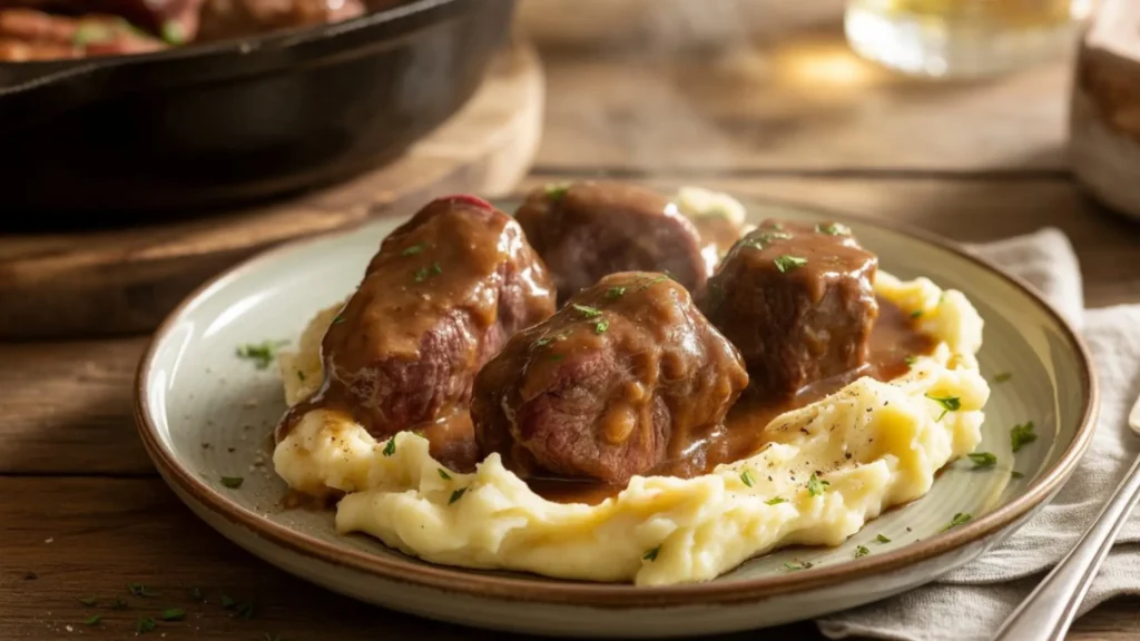Beef tips recipe in rich brown gravy served over creamy mashed potatoes, garnished with fresh parsley on a rustic plate, with steam rising in a warm, cozy kitchen setting.