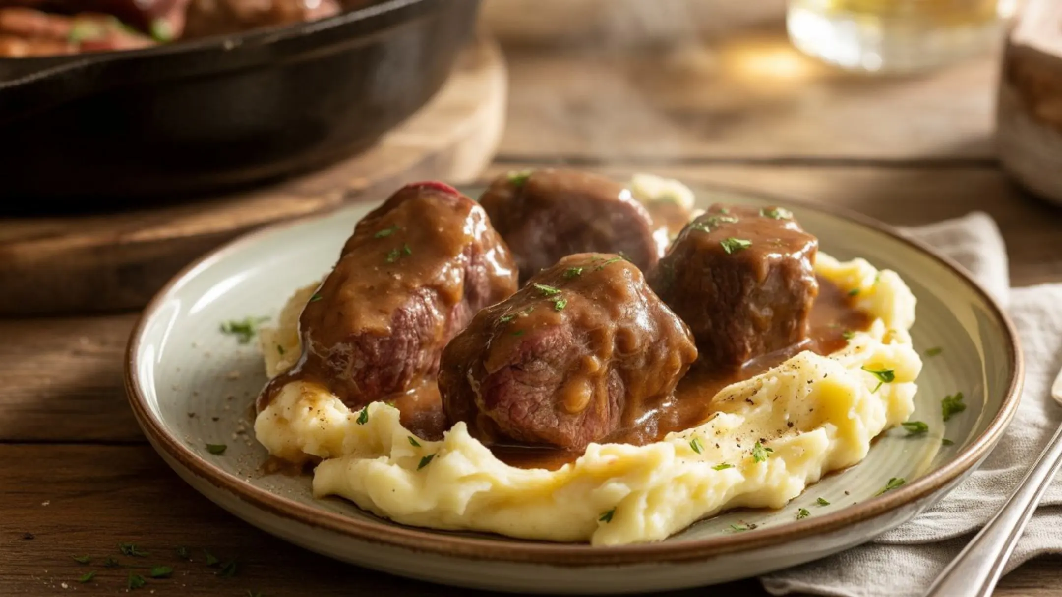 Beef tips recipe in rich brown gravy served over creamy mashed potatoes, garnished with fresh parsley on a rustic plate, with steam rising in a warm, cozy kitchen setting.