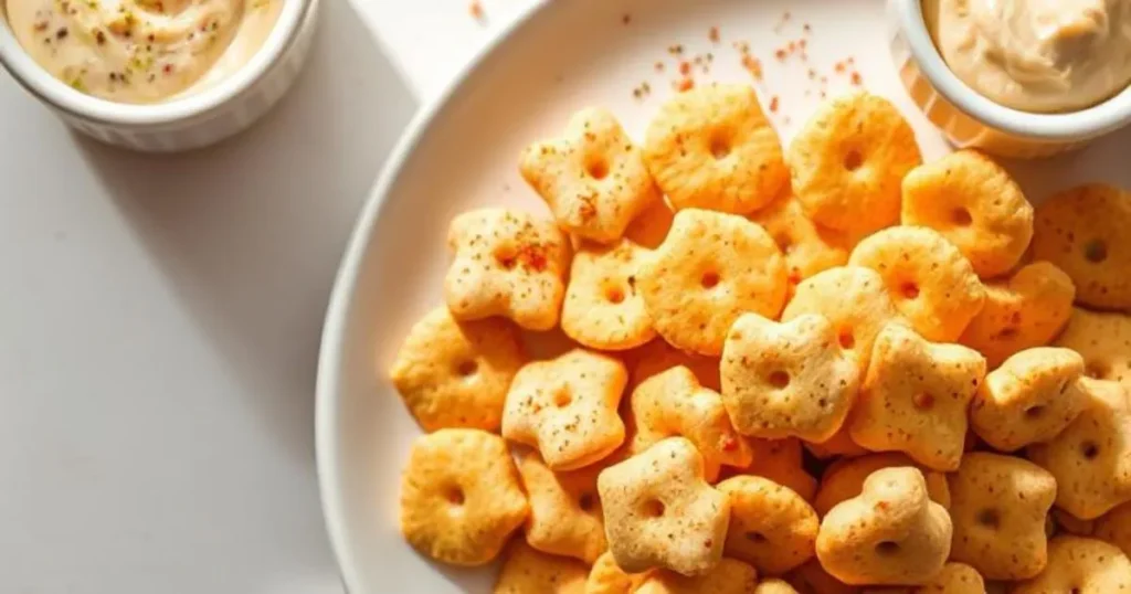 Seasoned oyster crackers served as a snack on a wooden table