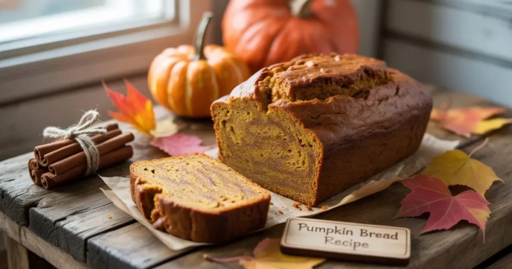Freshly baked easy pumpkin bread recipe with cinnamon and pumpkins