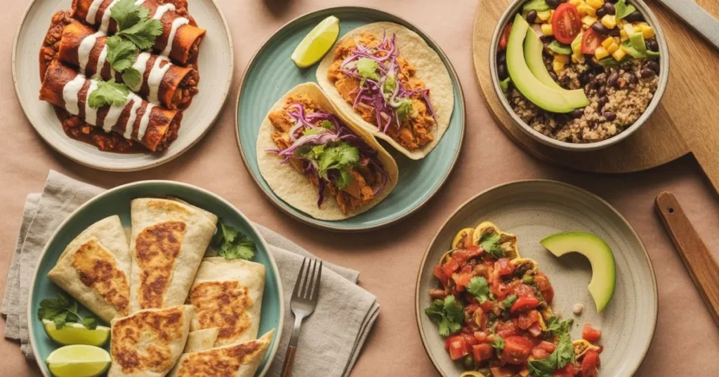 A colorful spread of vegetarian Mexican food, including black bean and sweet potato enchiladas, jackfruit carnitas tacos with slaw, a quinoa and bean burrito bowl with avocado and corn, and golden cauliflower poblano quesadillas served with salsa, all arranged on a rustic table.
