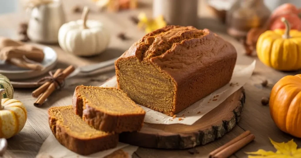 Freshly baked easy pumpkin bread recipe with cinnamon and pumpkins