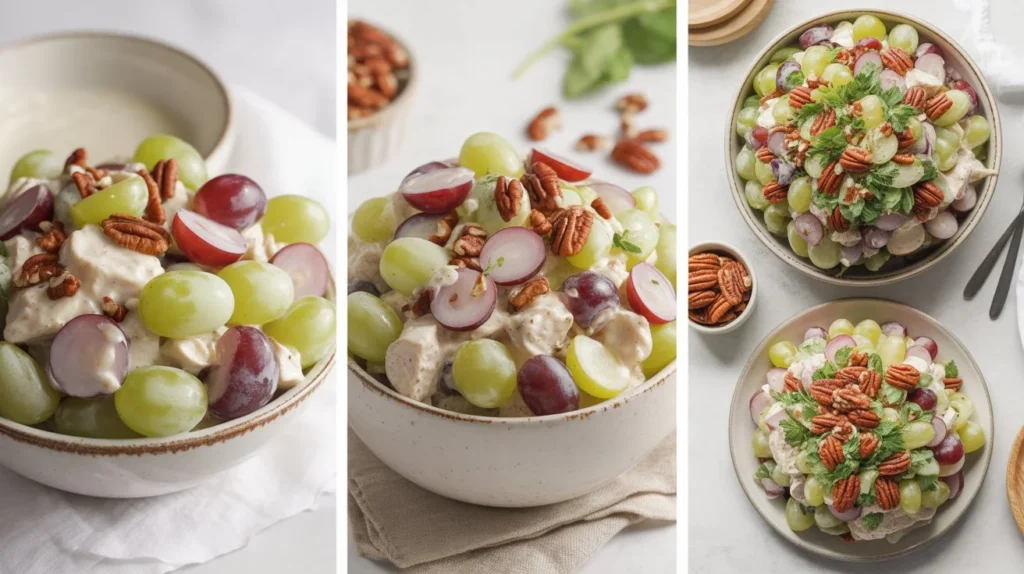 Creamy grape salad chicken salad chick served in a white bowl with red and green grapes, chopped pecans, and rich dressing on a light background.