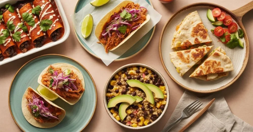 A colorful spread of vegetarian Mexican food, including black bean and sweet potato enchiladas, jackfruit carnitas tacos with slaw, a quinoa and bean burrito bowl with avocado and corn, and golden cauliflower poblano quesadillas served with salsa, all arranged on a rustic table.
