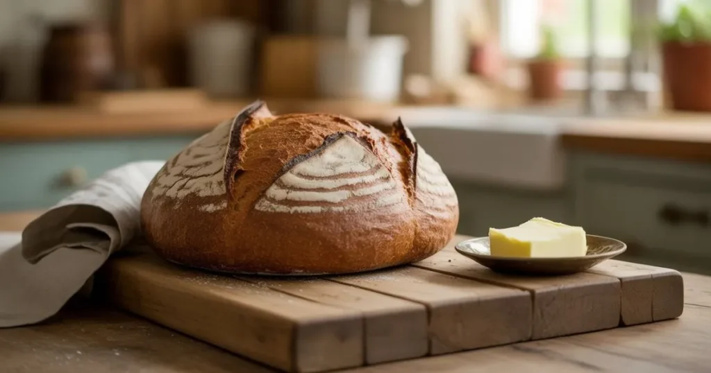 Artisan-style GF sourdough bread cut into thick slices, served with butter and herbs.